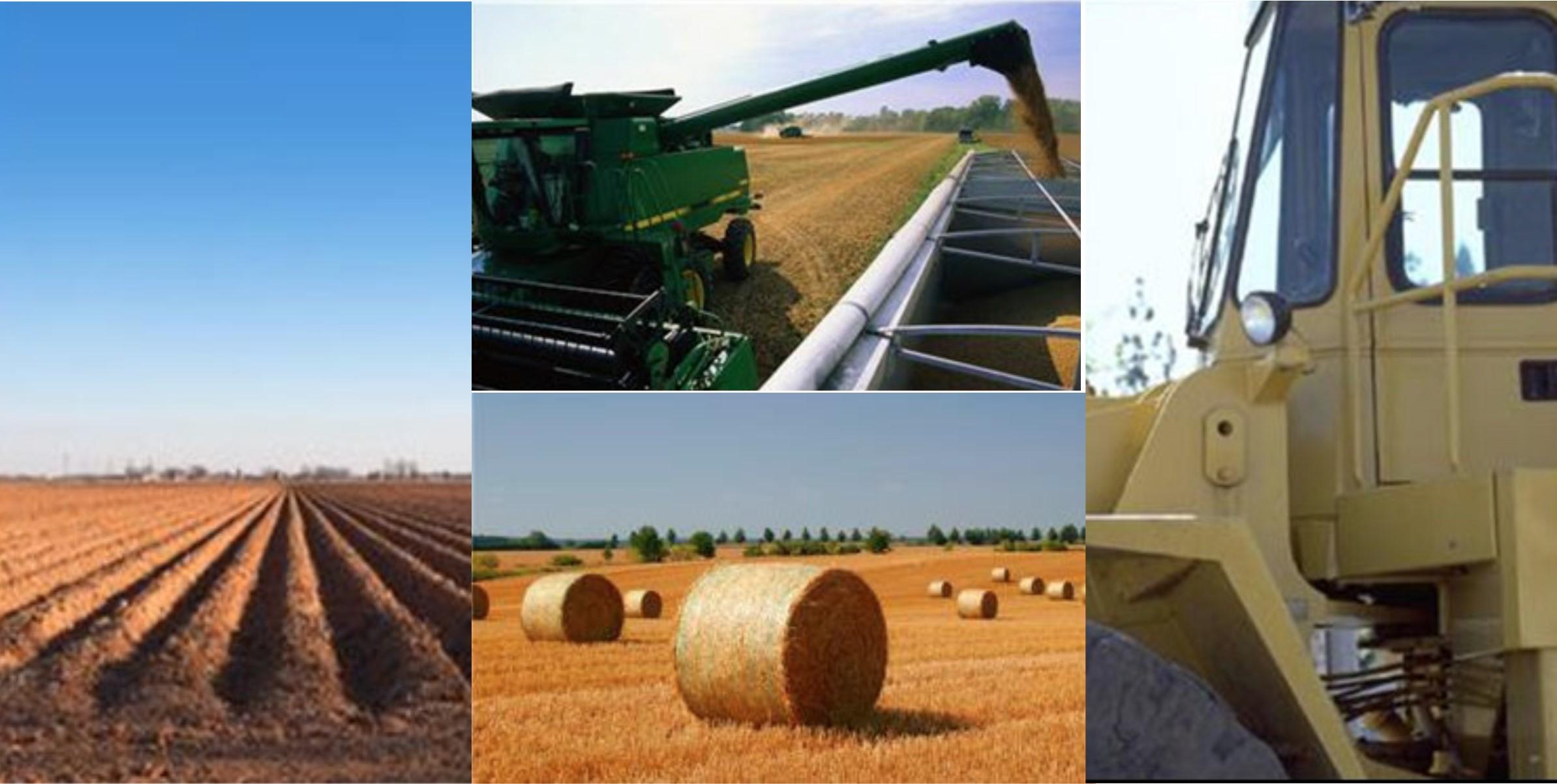 Collage of Agricultural work (machinery, grain harvest, harvesting hay, etc.)