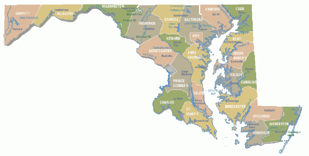 Map of Maryland showing county names and borders