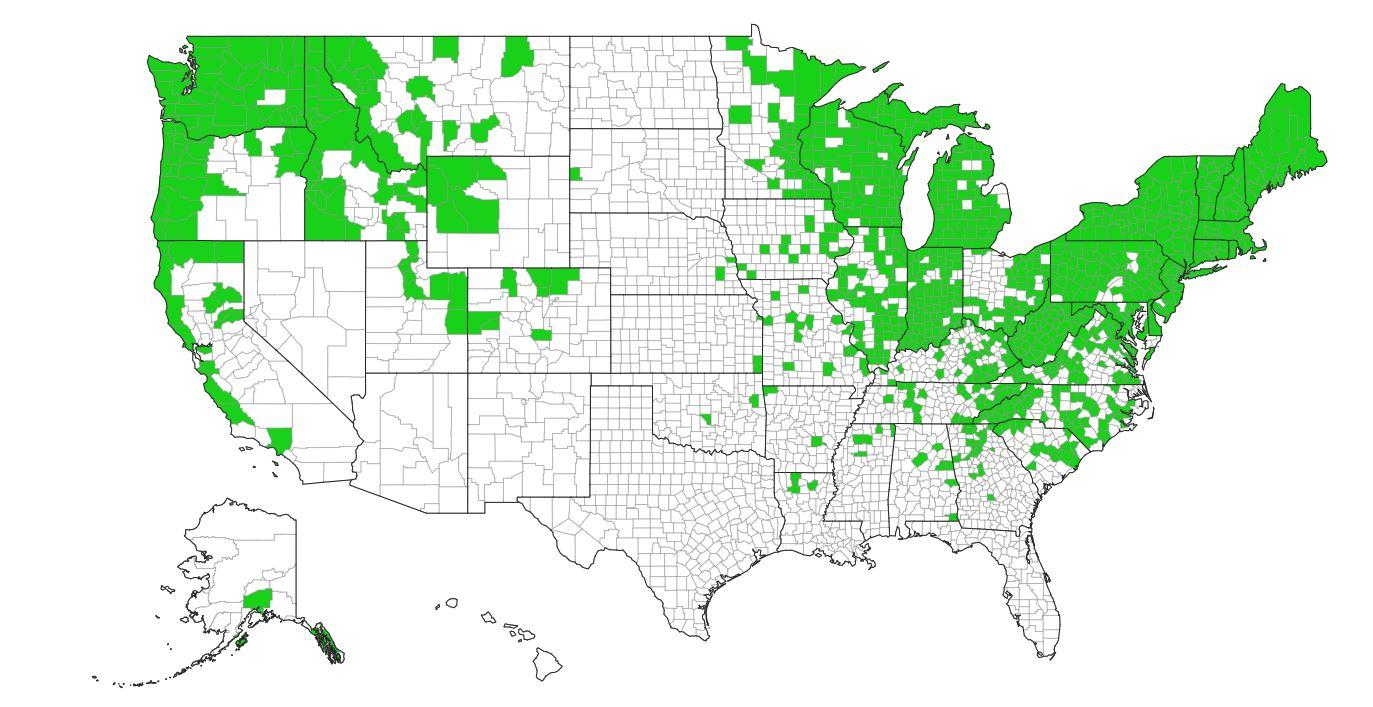 Japanese knotweed US county distribution. Courtesy eddmaps.org.