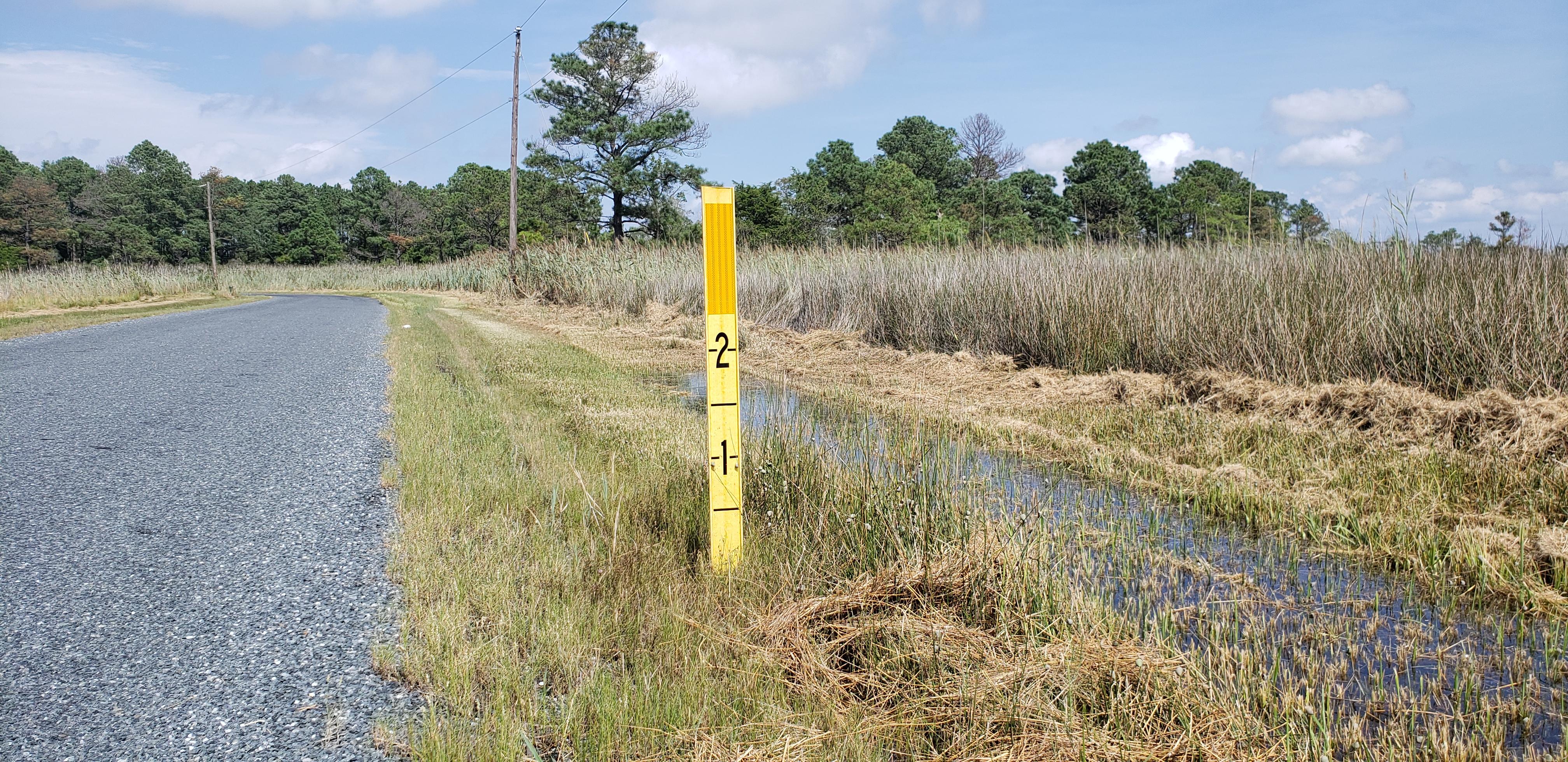 Image of a rural road with a yellow marker next to the roadside ditch. The marker has one and two foot marks on it to show the level of water when it floods.