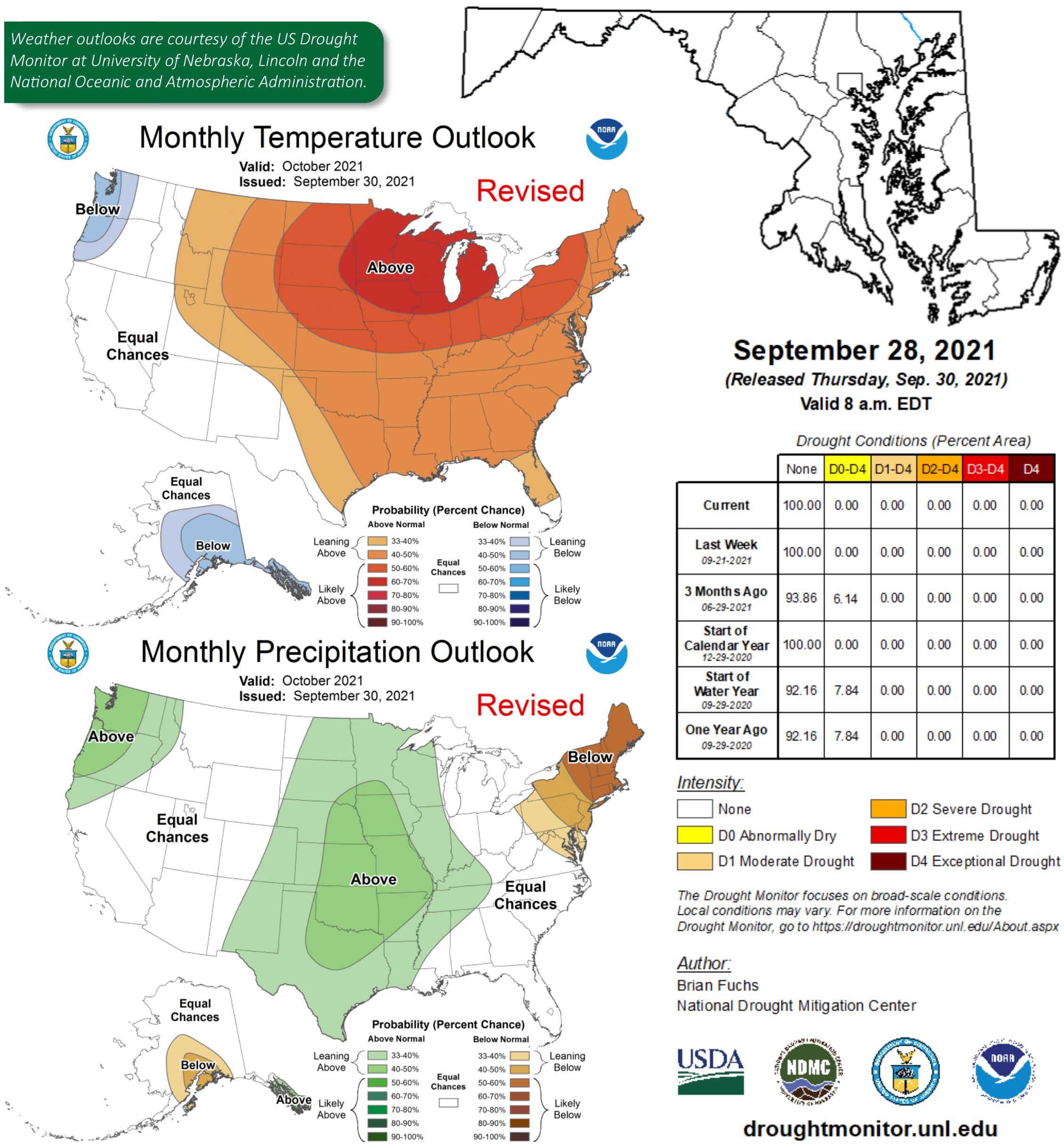Maps and graph on Maryland drought forecast conditions for the month of October