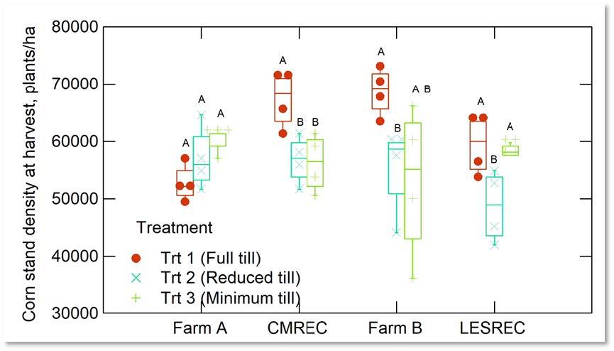 Figure 2. Fall 2021 corn plant stand density (corn plants per hectare) at the four sites presented as boxplots. The horizontal line in each box represents the mean value, while the box contains 50% of the spread of the data. Induvial data points are represented by circle, triangle, or diamond symbols. Treatments within a farm labeled with the same letter do not differ significantly at P< 0.05.