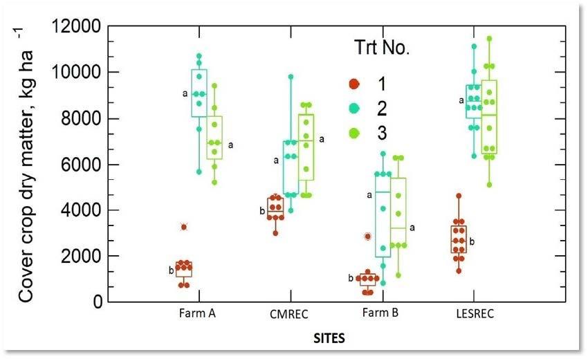 Figure 4. Spring 2021 cover crop dry matter biomass before termination in the four sites presented as boxplots. The horizontal line in each box represents the mean value, while the box contains 50% of the spread of the data. Treatments within a Site labeled with the same lower-case letter do not differ significantly at P< 0.05.