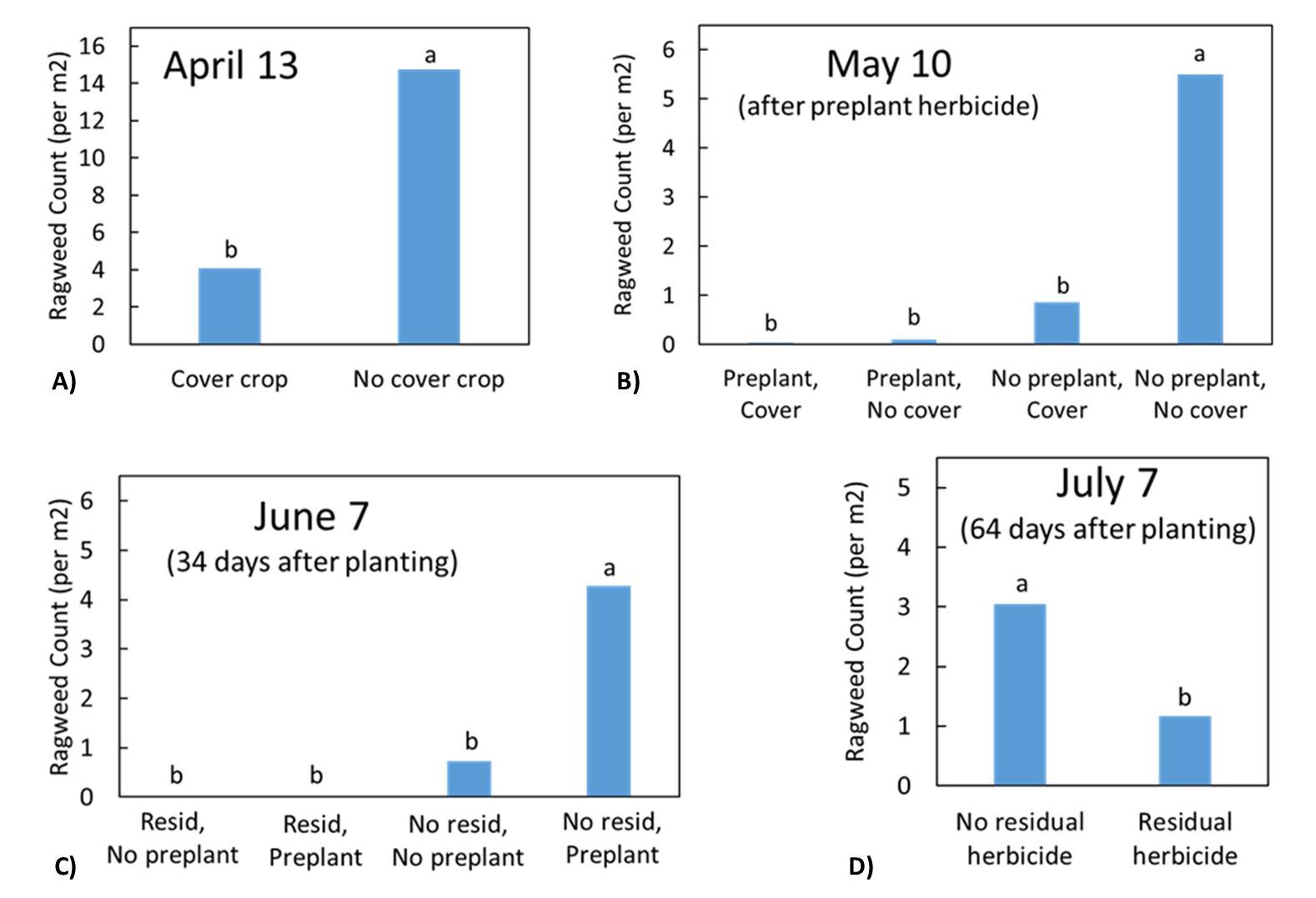 Figure 2. Ragweed prevalence April 13 (a), May 10 (b), June 7 (c), and July 7 (d). Different letters above bars indicate statistically significant differences (p < 0.1) for data.