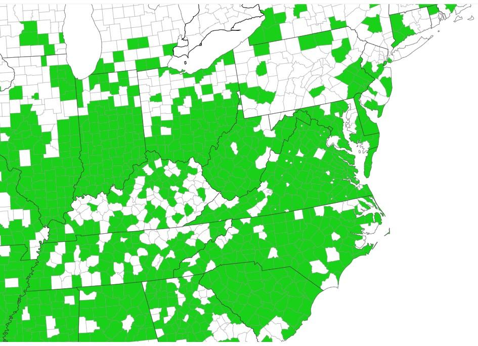 Johnsongrass mid-Atlantic county distribution map. Courtesy eddmaps.org
