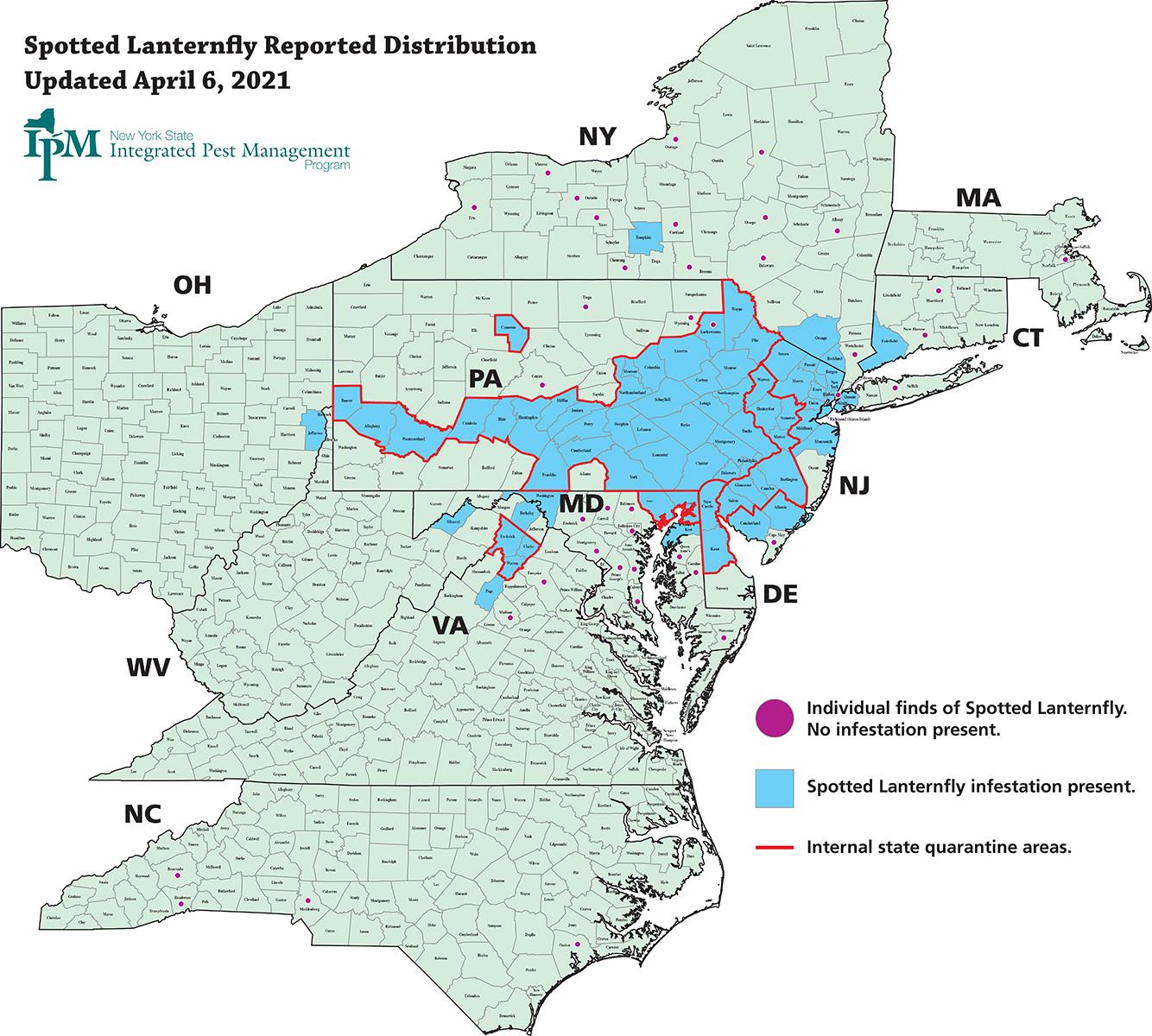Spotted lanternfly reported distribution map, April 2021