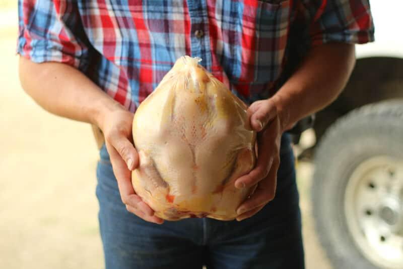 From theprairiehomestead.com picture of man holding processed chicken