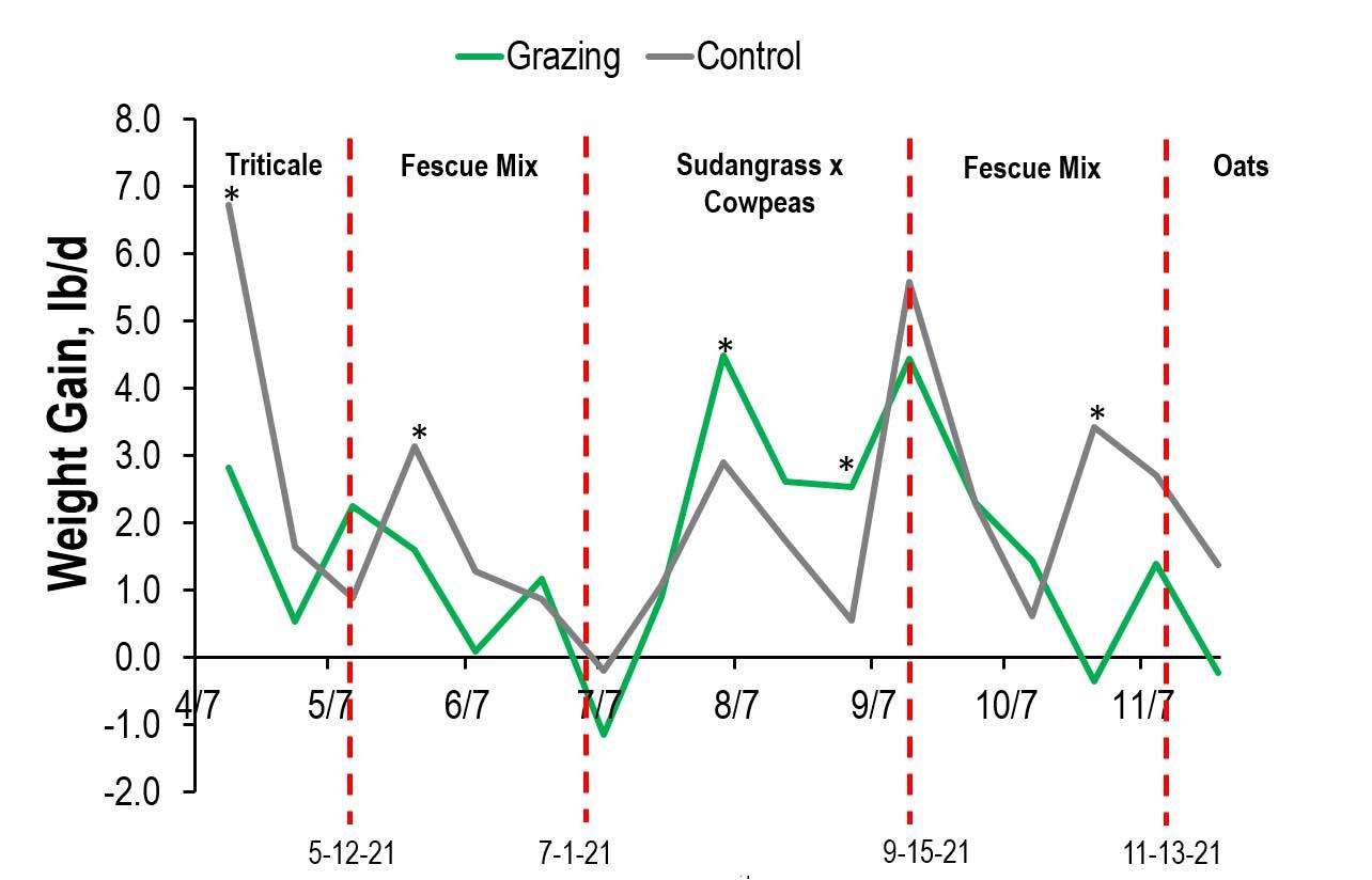 Line Graph: figure 3. Daily body weight gain for the rotational grazing (ROT) and control (CON) treatments throughout the study. Daily body weight gain was calculated every 2 weeks after body weight was measured. Vertical red dashed lines indicate when changes in pasture type occurred for heifers on the ROT treatment. Asterisks (*) indicate statistically significant differences (P<0.05).