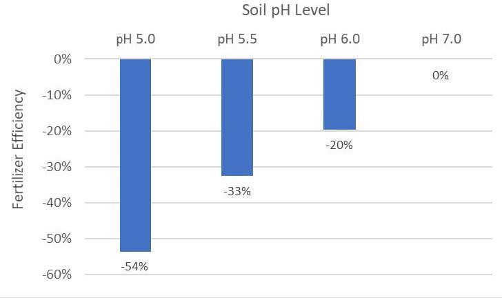 Figure 2. Decrease in fertilizer efficiency for varying soil pH levels due to acidic soil conditions.