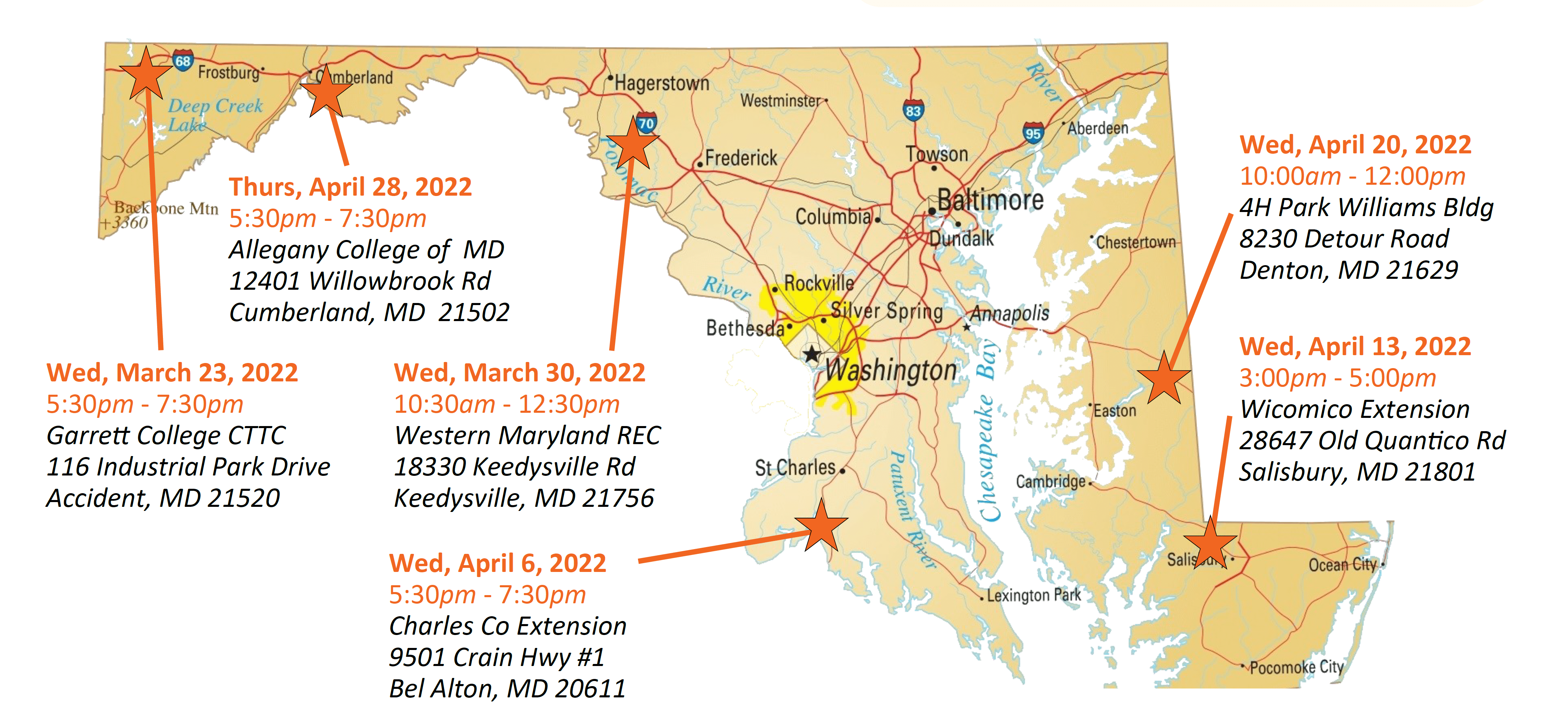 Solar Workshop Locations on Maryland Map