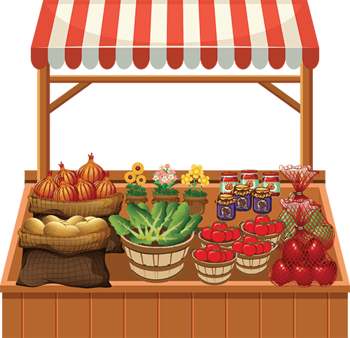 Clipart image of a fruit stand with onions, potatoes, lettuce, tomatoes, apple, and flowers with a red and white canopy over the top.