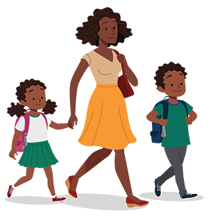 African American mom and two children walking.