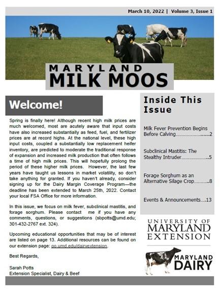Maryland Milk Moos March 2022 newsletter cover
