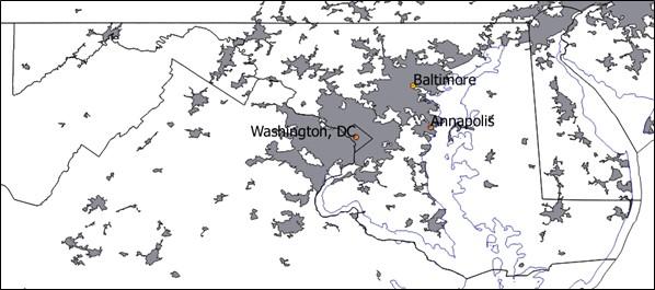 Figure 1: Urbanized Areas in Maryland, as defined by the U.S. Census Bureau. Map made by Neith Little, using open-access mapping software Grass GIS and TIGERLINE shapefiles provided by the U.S. Census Bureau: https://www.census. gov/geo/maps-data/