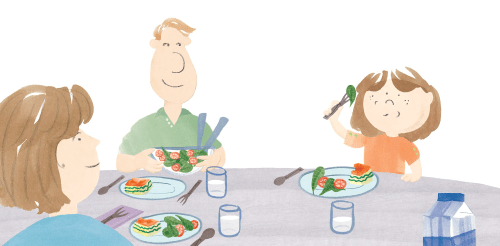 Sylvia sitting at a table eating dinner with her mom and dad from book Sylvia's Spinach.