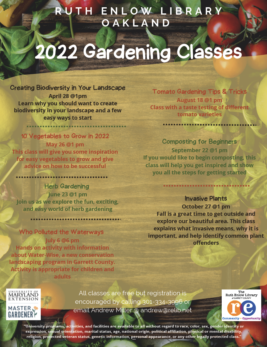 Flyer detailing the 2022 Gardening Classes to be held at the Ruth Enlow Library in Oakland, MD.