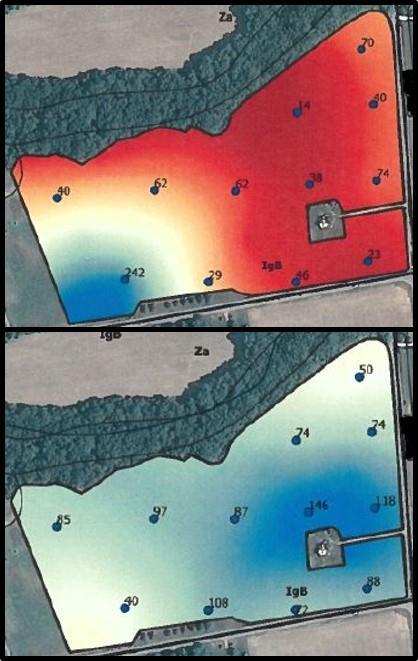 Figure 2. Soil P (a) and soil K (b) levels vary across a field, with the lowest concentrations (relatively) in red and highest in blue. Each point is a soil sample.