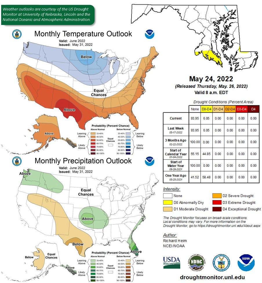 Weather Outlook (temperature, drought conditions, and preciptation) for June 2022