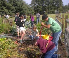 Students using tools in the garden.