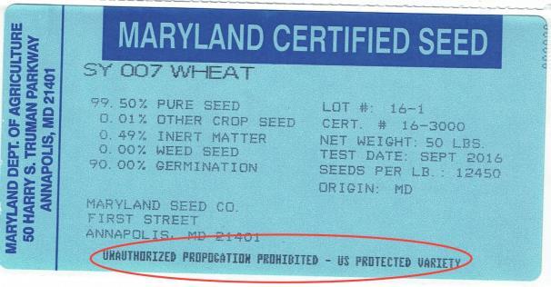 Example of PVPA Protected Seed Tag