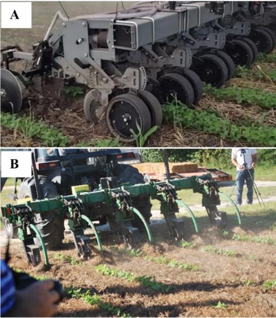Fig. 5. A) Cultivator operating in bean field with rye cover crop. Attribute: agriculture.hiniker.com & B) High-residue cultivator. Attribute: Univ. of Delaware Carvel Research & Education Center, M. Walfred