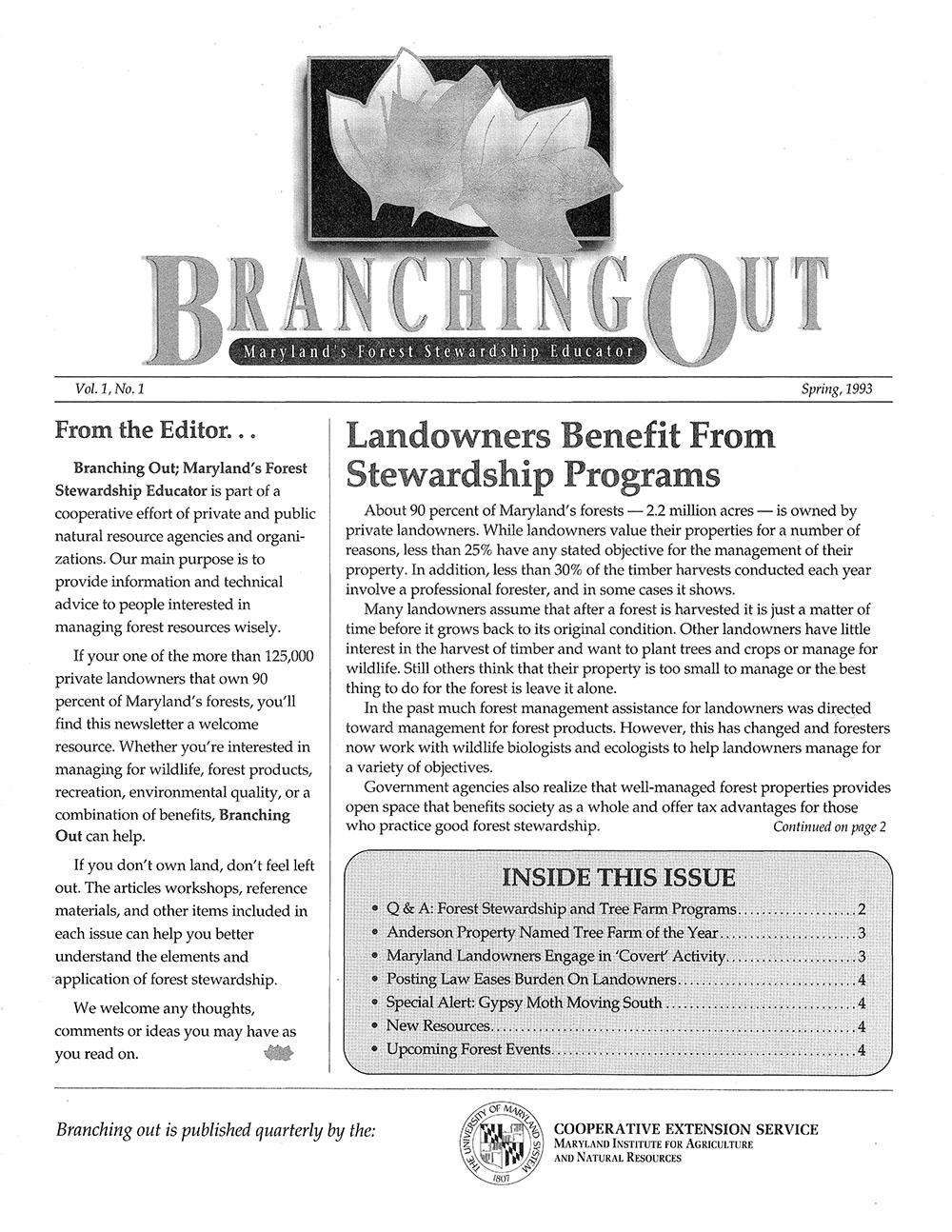 Cover image of the first Branching Out from Spring 1993