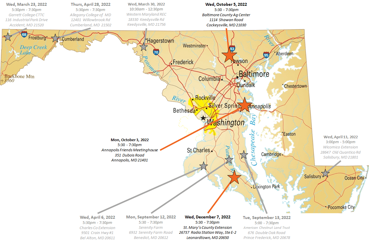 Solar Workshop Locations on Maryland Map Fall 2022