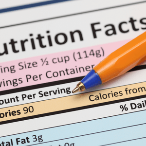 A sample nutrition facts label up close with an orange pen sitting on image.