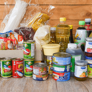 Canned and shelf stable foods that you would find in a home pantry.