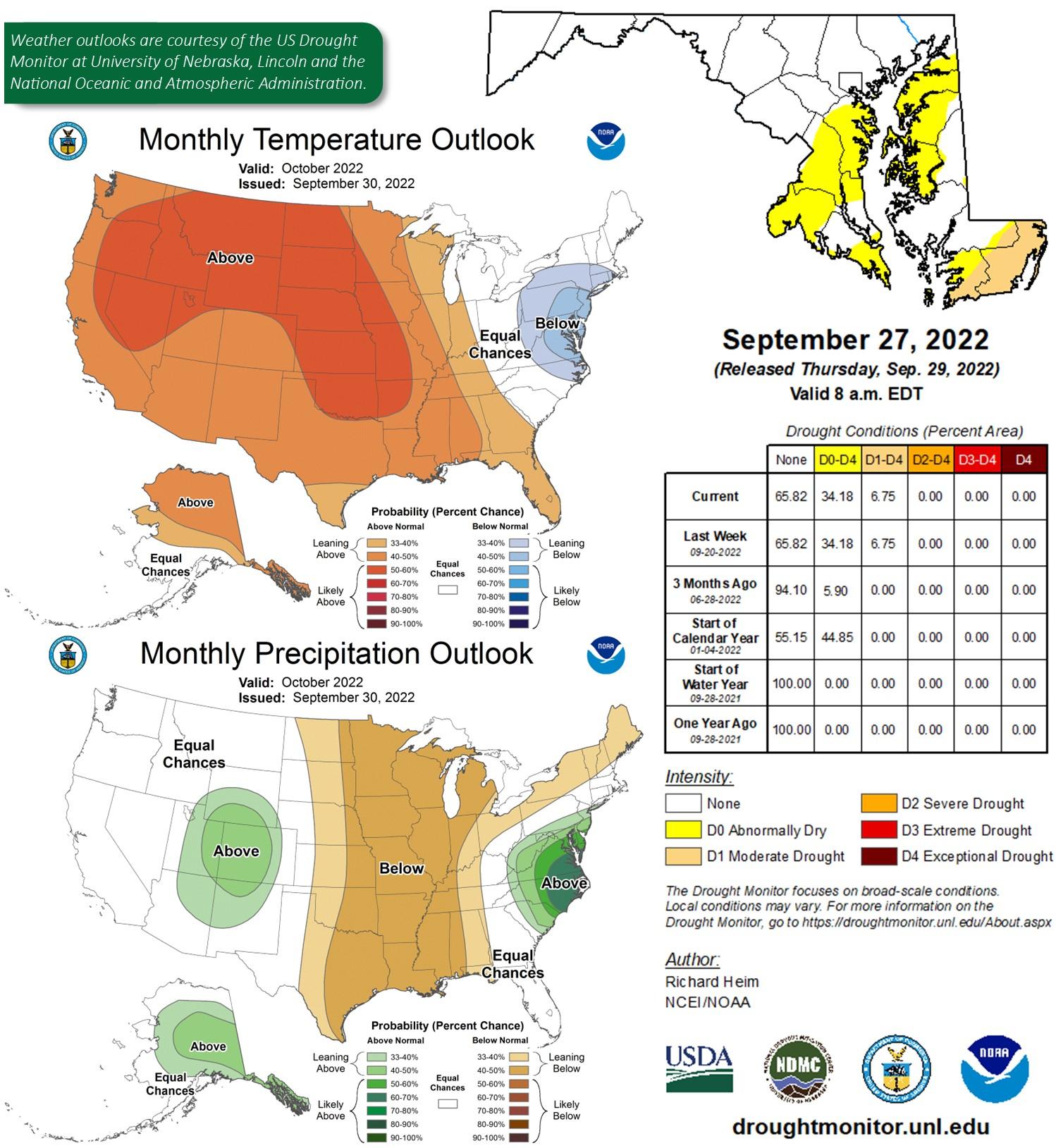 Weather outlook for the month of October.  The graphs contain temperature, drought conditions, precipitation outlooks