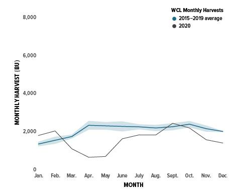 Line graph - Maryland monthly oyster aquaculture harvest