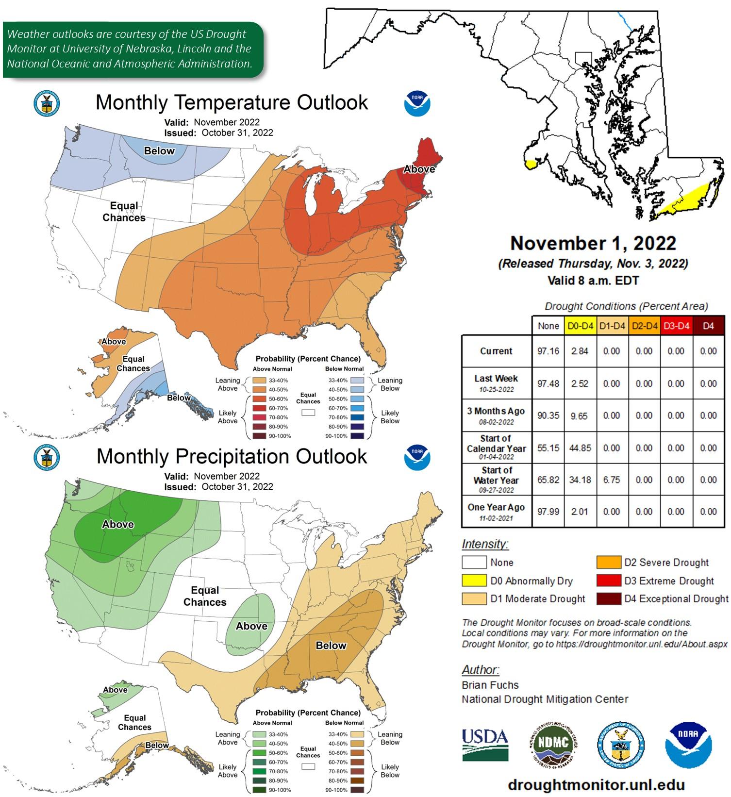 Weather outlook for Nov. 2022 (temperature, drought conditions, and precipitation)