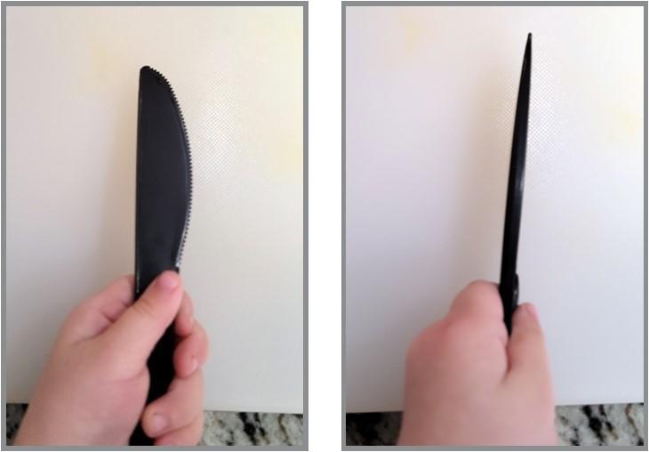 Youth holding knife correctly from the top down and side view. Similar to shaking a hand, but fingers are all wrapped around the handle.