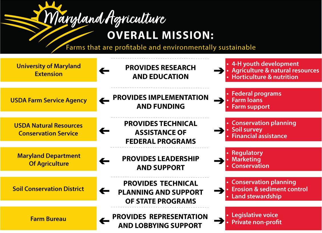 Infographic showing several local, state, and federal agencies support agriculture in Maryland. Each plays a different role in agriculture production and farm operations.