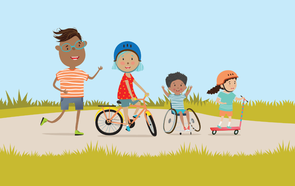 A graphic of a diverse family from the The Secret to an Extraordinary Day physical activity book.