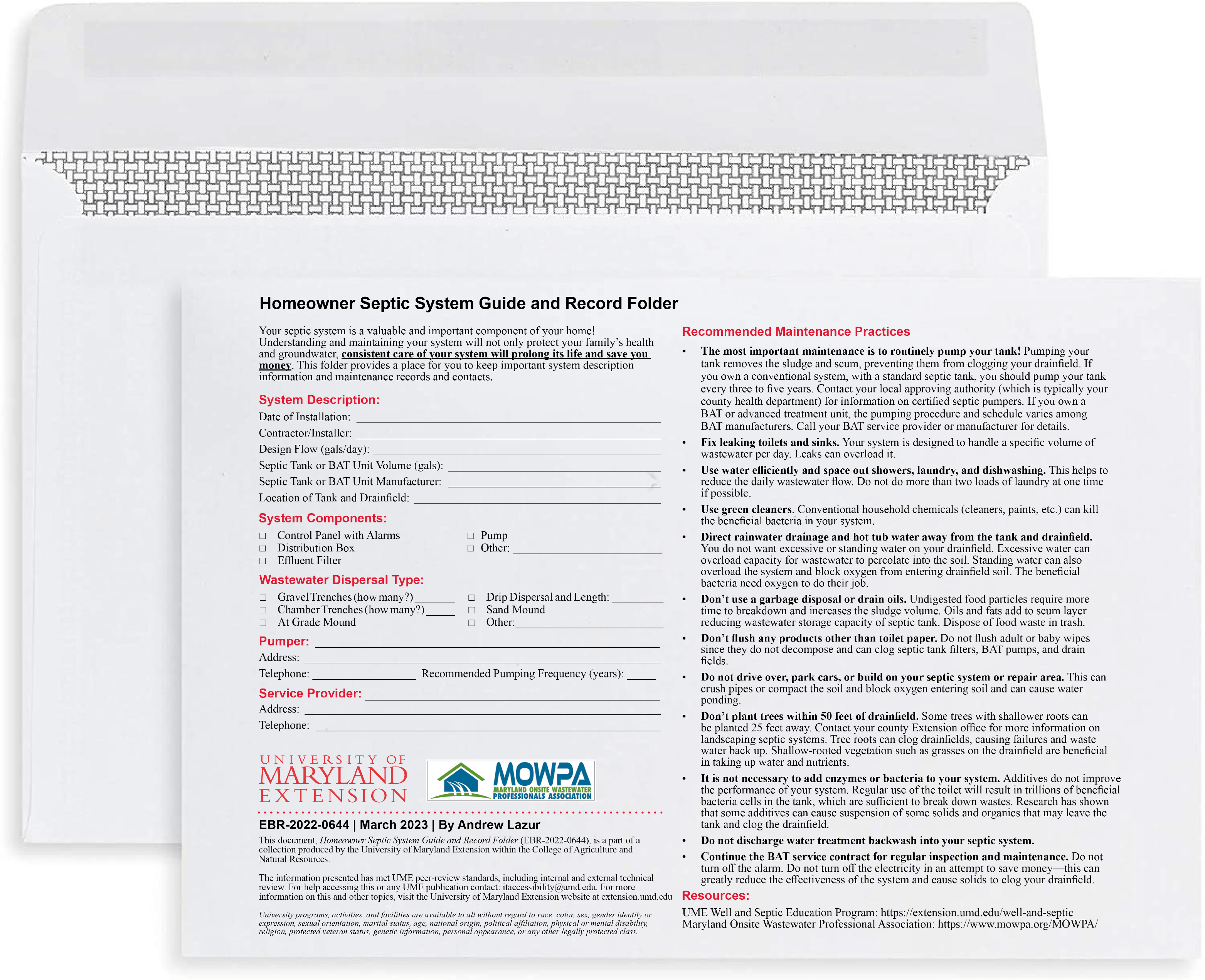 Septic system guide on a 9 x 12 envelope.