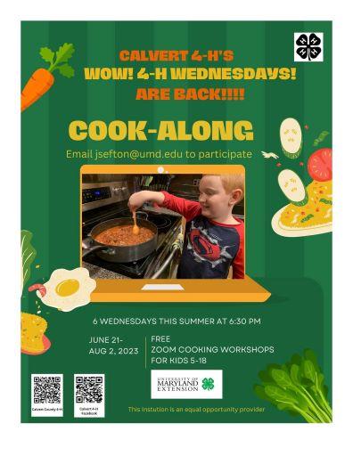 Flyer advertising Wow 4-H Wednesdays, Calvert County 4-H Virtual Cooking Workshop Series