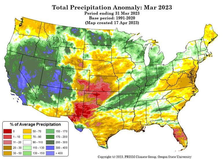 Map of the United States showing the percent deviation of average precipitation