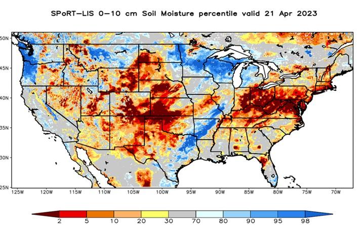 USA map depicting soil moisture on April 21, 2023