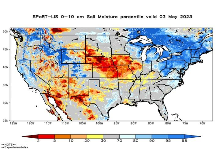 USA map depicting soil moisture May 3, 2023