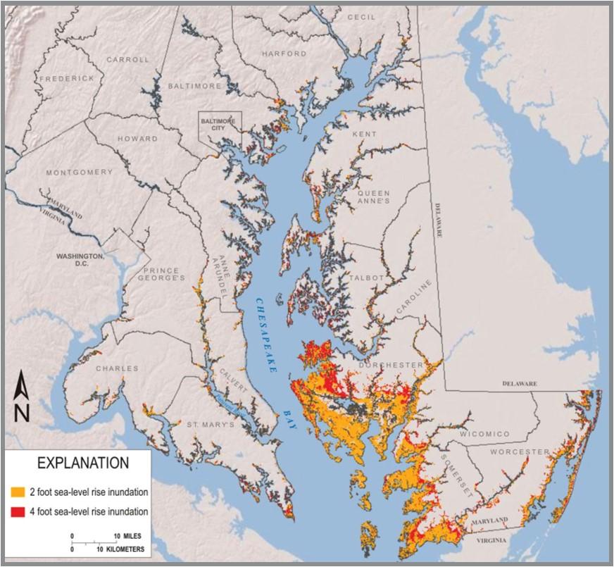 Map of Maryland showing the risk of coastal flooding
