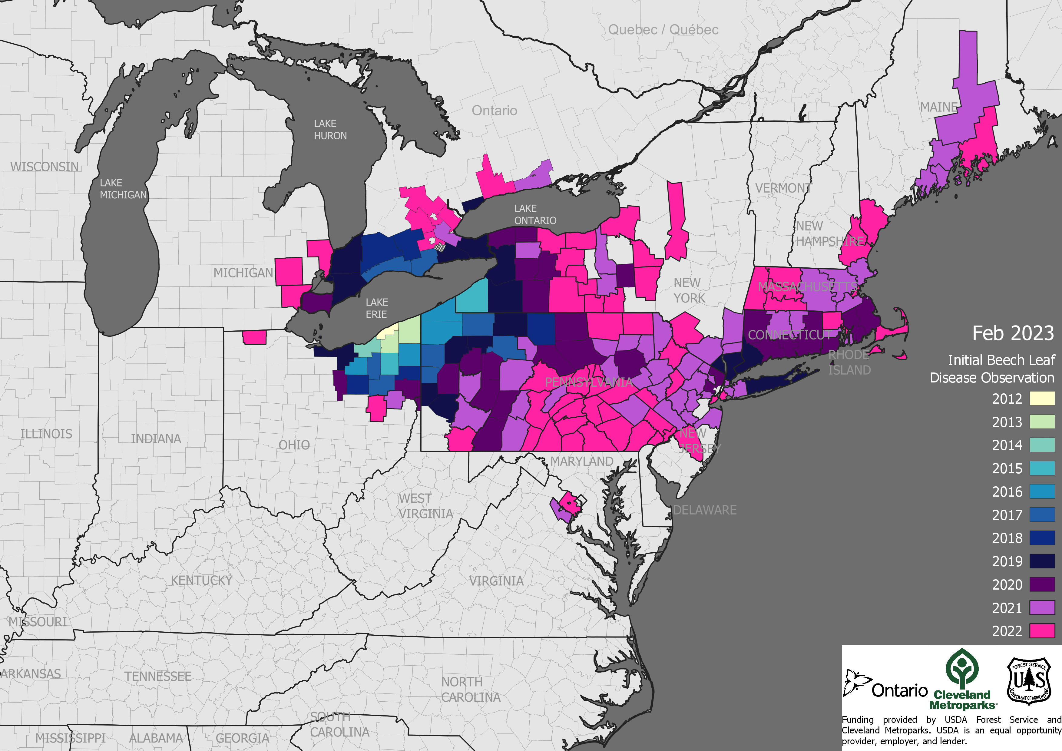 a map showing the distribution of beech leaf disease in the northeast United States as of February 2023
