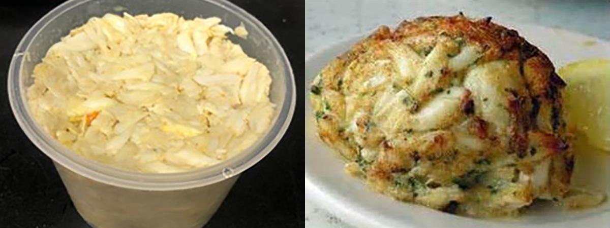 dual image showing a sealed cup of processed crabmeat on the left and an image of a crabcake on the right