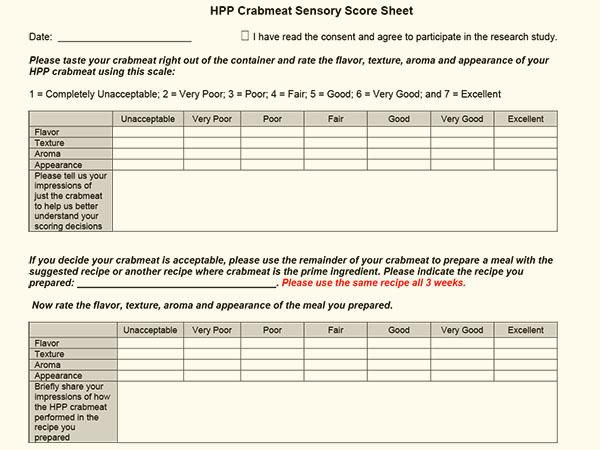 image of crabmeat taste study score sheet
