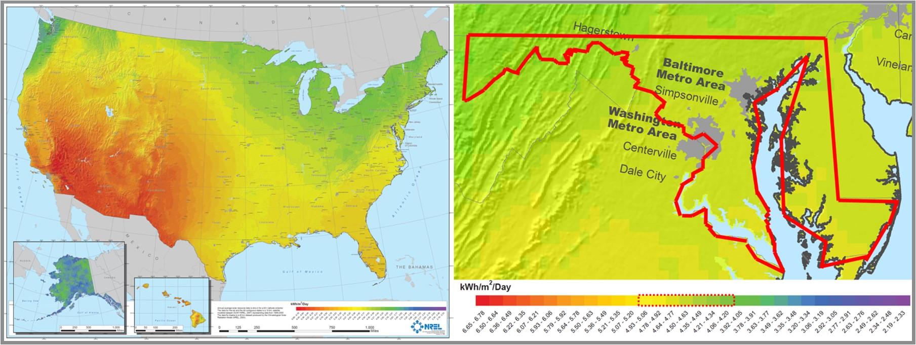 Annual average solar resource for a flat plate collector tilted at latitude for United States (left) and Maryland (right) (Roberts, 2008).