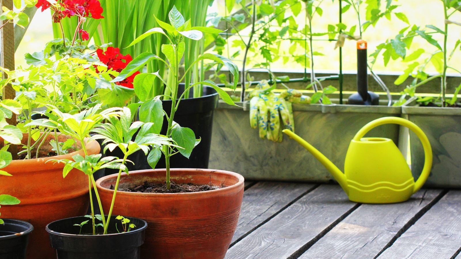 An example of a container garden on a patio with a few pots with plans growing in them.