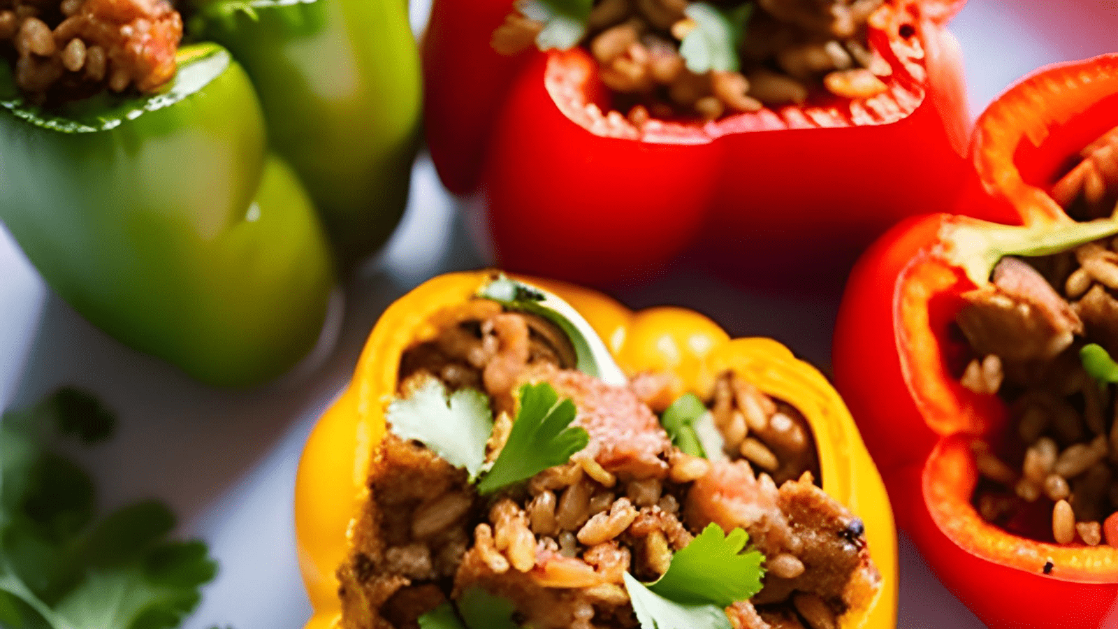Colorful stuffed peppers with whole grain rice and parsley as garnish.