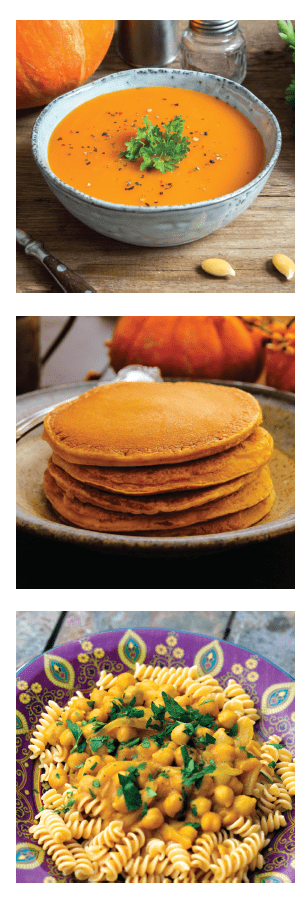 Three photos on how to use pumpkin -- in a soup, in pancakes and a curry with whole grain noodles in a colorful bowl.