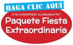 A red button with the text in Spanish - Click Here!  Have you completed your passport?  Extraordinary Party Package