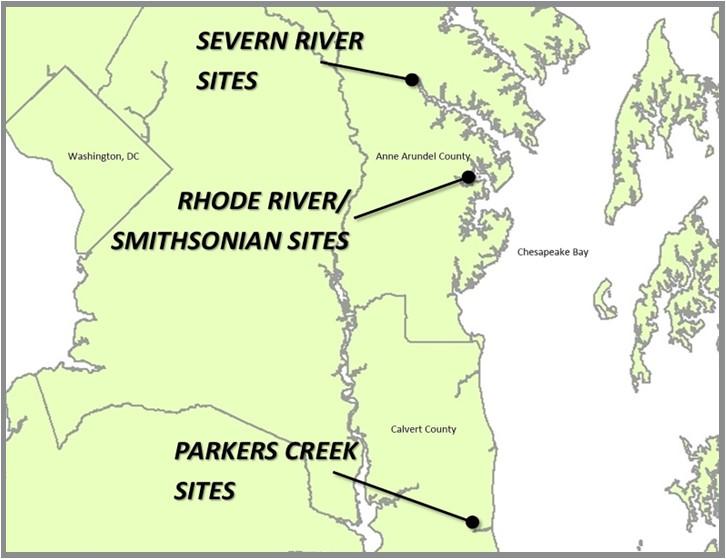 map showing the Severn river sites, Rhode River, Smithsonian sites, and Parkers Creek Sites